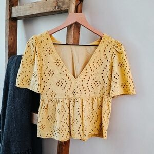 Yellow Eyelet Puff Sleeve Blouse (Size S)